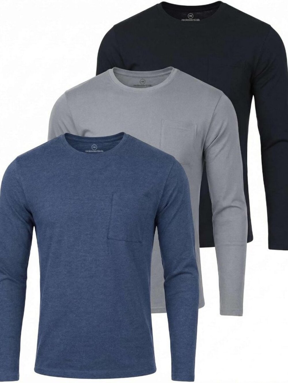 3 Pack Men's Cotton Long Sleeve Pocket Tees - Crew Neck Athletic Shirts